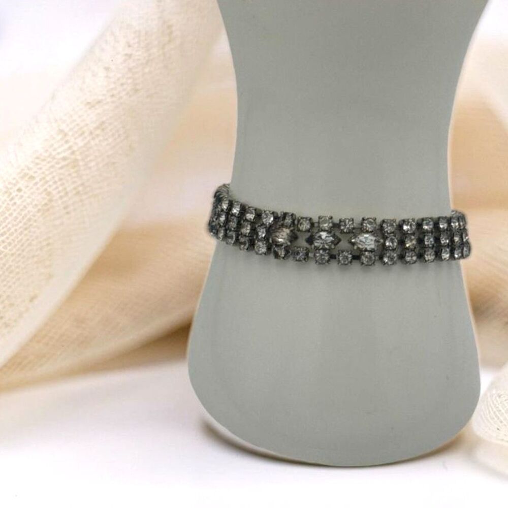 Vintage Clear Rhinestone Tennis Bracelet Multi Row Crystal Hollywood Glam
